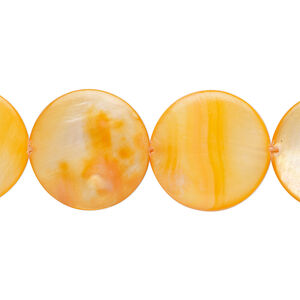 Mother-of-pearl shell 1pkg1, puffed flat round bead 15 inch orange 17-18mm