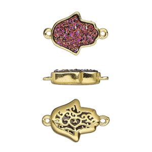 Link, Druzylite&trade;, "druzy" (resin) and gold-finished brass, metallic purple, 14x12.5mm two-sided Hamsa hand with open filigree back. Sold per pkg of 4.