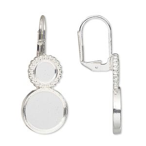 Ear wire leverback 1pkg10 Almost Instant Jewelry&reg;, 37mm / 6mm and 12mm flat back round glue-in setting, silver-finished brass 5 pair