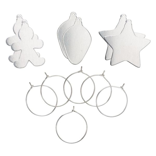 Ornament, ImpressArt&reg;, aluminum and steel, mixed sizes gingerbread man / bulb / star shapes. Sold per pkg of 6. image number 0