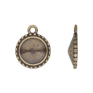 Drop, Almost Instant Jewelry&reg; and TierraCast&reg;, antique brass-plated pewter (tin-based alloy), 17mm round with beaded edge and 12mm rivoli glue-in setting. Sold per pkg of 2.