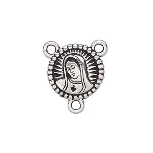 Connector, TierraCast&reg;, antique silver-plated pewter, 16.5mm 2-sided rosary round with Our Lady and rose. Sold individually.
