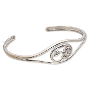Bracelet, cuff, sterling silver and amethyst (natural), 5mm faceted round, 3-19mm tapered band, 7 inches. Sold individually.