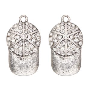 Charm, antique silver-finished "pewter" (zinc-based alloy) and glass, clear, 26x17mm single-sided baseball cap. Sold per pkg of 2.