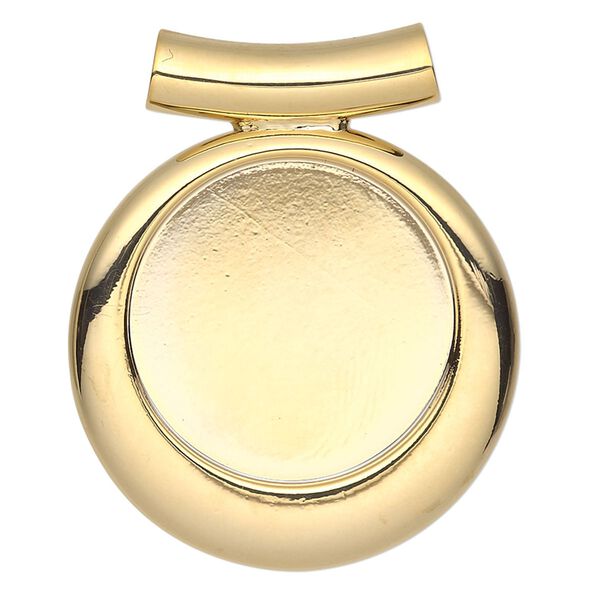 Pendant, Almost Instant Jewelry&reg;, gold-plated "pewter" (zinc-based alloy), 33x28mm single-sided fancy round with 20mm round setting and tube bail. Sold individually. image number 0