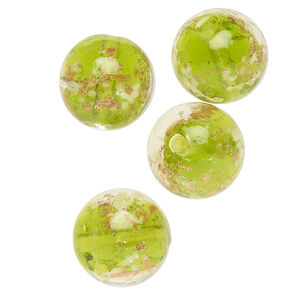 Bead, lampworked glass, clear / peridot green / glow-in-the-dark / gold, 14mm round. Sold per pkg of 4.