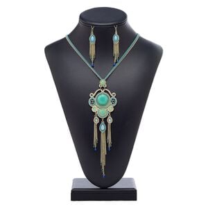 Necklace and earring set, acrylic rhinestone / acrylic / glass rhinestone / glass / enamel / antique gold-finished brass / steel / "pewter" (zinc-based alloy), multicolored, 6-1/2 inch dangle, 30-inch necklace with 3-inch extender chain and lobster claw clasp, 2-1/2 inch earrings with fishhook ear wire. Sold per set.