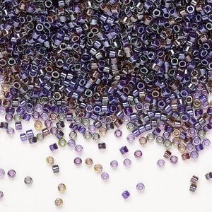 Seed bead mix, Miyuki Delica&reg;, glass, pkg/7.5g, #11 round, translucent inside dyed color luster chartreuse/purple mix.