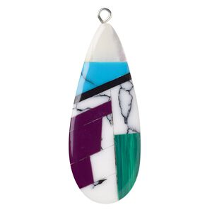 Focal, mother-of-pearl shell / resin / silver-finished copper 1pkg1, purple / green / white, 42x18mm single-sided flat teardrop.
