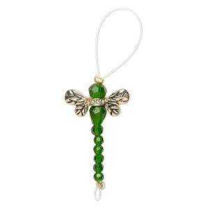Bead 1pkg2 gold-finished "pewter", 32x22mm dragonfly, glass / clear & green / antique