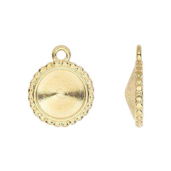 Drop, Almost Instant Jewelry&reg; and TierraCast&reg;, gold-plated pewter (tin-based alloy), 17mm round with beaded edge and 12mm rivoli glue-in setting. Sold per pkg of 2. image number 0