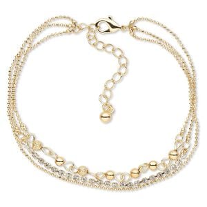 Bracelet, 3-strand, crystals and gold-finished brass, crystal clear, 8mm wide, 8 inches with lobster claw clasp and 2-inch extender chain. Sold individually.