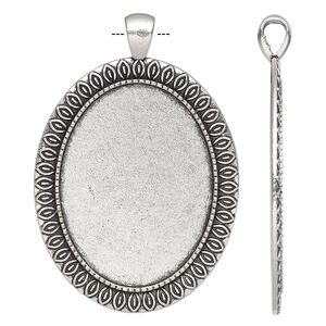 Pendant, antique silver-finished "pewter" (zinc-based alloy), 58.5x40mm single-sided oval with marquise design and 40x30mm non-calibrated oval setting. Sold individually.
