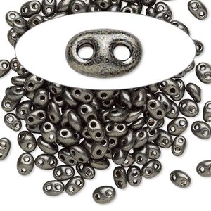 Seed bead, Preciosa Twin&trade; Czech glass, pkg/10g, 5x2.5mm oval, opaque dark khaki green terra pearl black, (28992).
