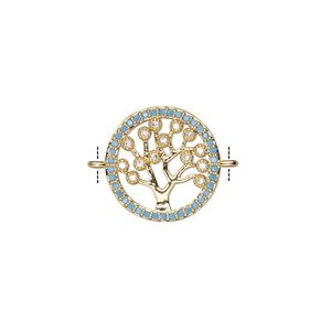 Link, cubic zirconia and gold-finished brass, clear and blue, 15mm single-sided round with tree of life design. Sold individually.