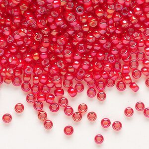 Seed bead, Miyuki, glass, pkg/50g, #8 rocaille, opaque white-lined luster flame red, (RR-3762).
