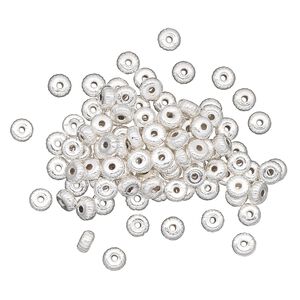 Bead 1pkg100 silver-plated, 4.5x2.5mm corrugated rondelle, brass