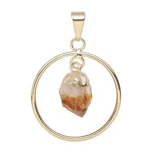 Pendant, Everyday Jewelry, gold-plated brass and citrine (heated), 30x25mm-32x27mm open round. Sold individually.