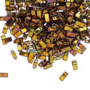 Seed bead, TILA&reg;, glass, pkg/10g, 5x2.3mm half tila rectangle, opaque metallic rainbow golden, (HTL-462).