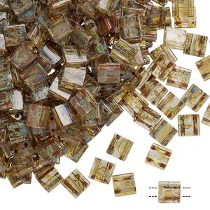 Seed bead, TILA&reg;, glass, pkg/40g, 5mm full tila square, translucent Picasso light amber, (TL-4501).
