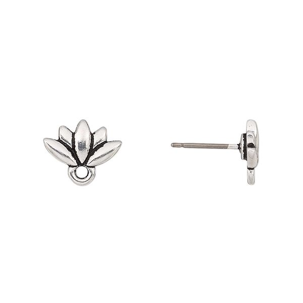 Earstud, TierraCast&reg;, "Make a Statement" collection, antique silver-plated pewter, 11.5x7mm lotus with renewal theme and closed loop with titanium post. Sold per pair. image number 0