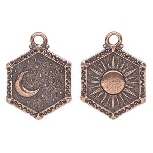 Charm, TierraCast&reg;, "Celestial" collection, antique copper-plated pewter (tin-based alloy), 24.5x21.5mm 2-sided hexagon with sun and moon design. Sold per pkg of 10.