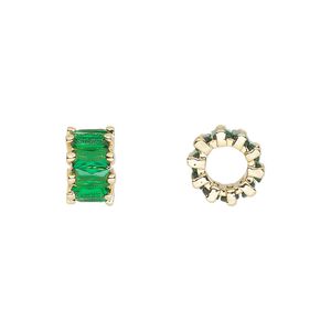 Bead 1pkg2 gold-plated, 10.5x6mm rondelle, brass / emerald cubic zirconia