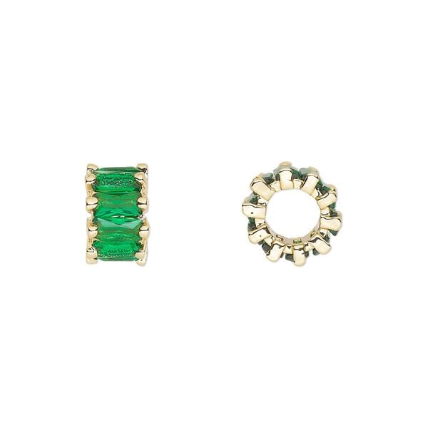Bead 1pkg2 gold-plated, 10.5x6mm rondelle, brass / emerald cubic zirconia image number 0