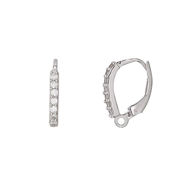 Ear wire leverback 1pkg2 sterling silver / cubic zirconia, 16mm / closed loop, clear 1 pair image number 0