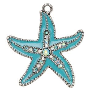 Focal, enamel / glass rhinestone / antique silver-finished "pewter" (zinc-based alloy), clear AB and blue, 40x40mm starfish. Sold individually.