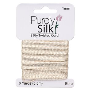 Cord, Purely Silk&trade;, 3-ply, ecru, 1mm twisted. Sold per 6-yard card.