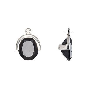 Drop, black onyx (dyed) and sterling silver, 13x12.5mm single-sided faceted oval. Sold individually.