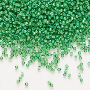 Seed bead, Delica&reg;, glass, pkg/7.5g, #11 round, translucent white-lined luster green (DB-1787).