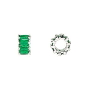 Bead 1pkg2 silver-plated, 10.5x6mm rondelle, brass / emerald cubic zirconia