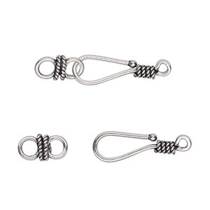Clasp hook&eye 1pkg2 sterling silver, 18x6mm, antiqued 1-strand