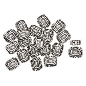 Bead 1pkg20 silver-finished "pewter", 14x11mm-14x12mm beaded puffed rectangle / fits up to 3mm round bead, antique 2-strand