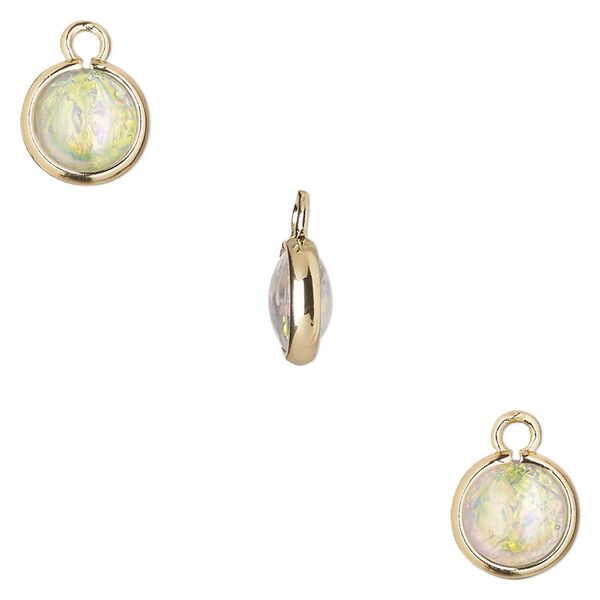 Drop, Opalized Ice&trade;, "opal" (resin) and gold-finished brass, white, 9.5mm double-sided round. Sold per pkg of 6. image number 0