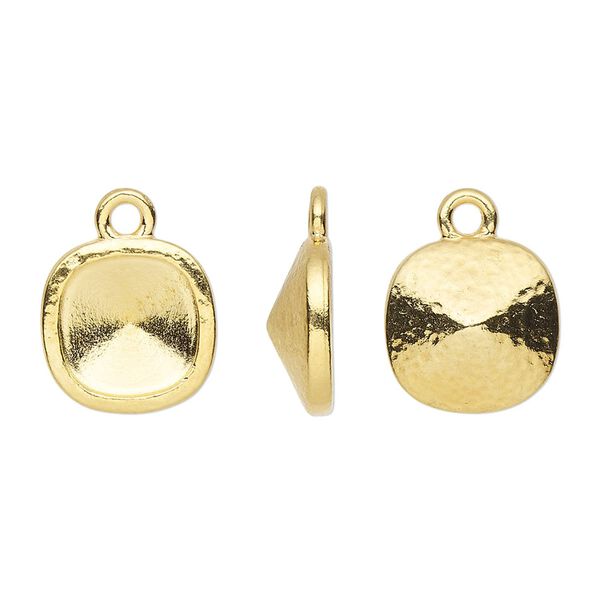 Drop, TierraCast&reg;, Almost Instant Jewelry&reg;, gold-plated pewter (tin-based alloy), 13mm hammered square with 10mm cushion glue-in setting (4470). Sold per pkg of 2. image number 0