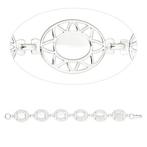 Bracelet component, silver-plated brass, 20x17mm fancy oval with (6) 10x8mm oval settings, 7 inches with fold-over clasp. Sold individually.