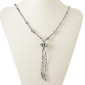 Necklace, glass and brass, silver, 4-inch dangle with 4mm rondelle, 28-inch continuous loop. Sold individually.
