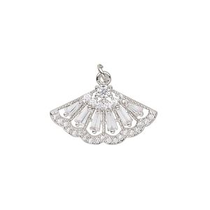 Drop, cubic zirconia and imitation rhodium-plated brass, clear, 22.5x13mm single-sided fan. Sold individually.