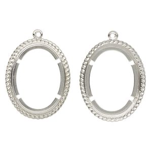 Focal, antique silver-finished "pewter" (zinc-based alloy), 36x29mm with rope edges and 30x20mm oval cabochon setting. Sold per pkg of 2.