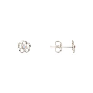 Earstud, Create Compliments&reg;, sterling silver and crystal, clear AB, 6mm flower. Sold per pair.