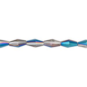 Bead, glass, crystal Bermuda blue, 8.5x4mm long bicone. Sold per 15-1/2 to 16-inch strand.