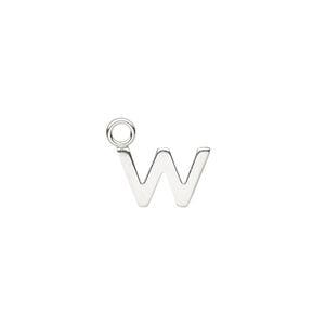 Charm, sterling silver, 12x8mm single-sided modern square alphabet letter W. Sold individually.