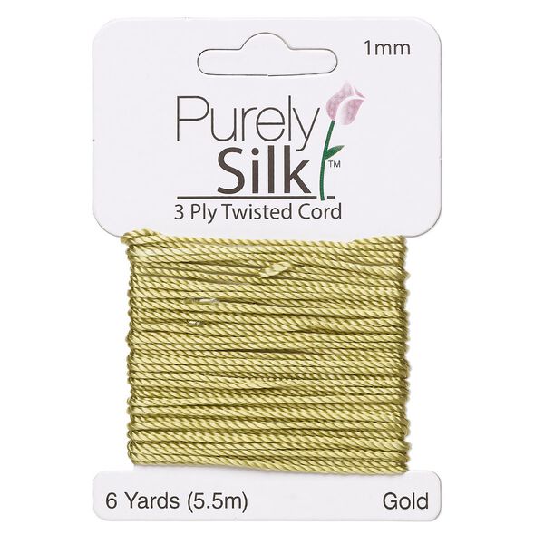 Cord, Purely Silk&trade;, gold-green, 1mm twisted, 3-ply. Sold per 6-yard card. image number 0