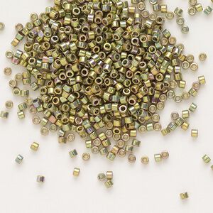Seed bead, Delica&reg;, glass, pkg/250g, #11 round, opaque 24Kt Lt. gold-plated iris green (DB-0508).