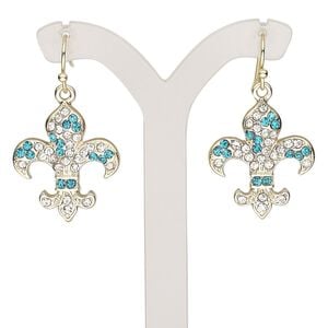 Earring, glass rhinestone with gold-finished brass and "pewter" (zinc-based alloy), clear and teal, 35mm with fleur-de-lis and fishhook ear wire. Sold per pair.