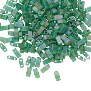 Seed bead, TILA&reg;, glass, pkg/10g, 5x2.3mm half tila rectangle, translucent matte rainbow pistachio, (HTL-146FR).