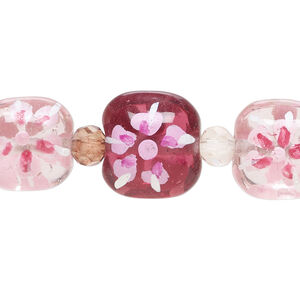 Bead, glass and lampworked glass, multicolored, 6mm faceted round and (9) 14x14mm double-sided puffed square with hand-painted flower design. Sold per 7-inch strand.